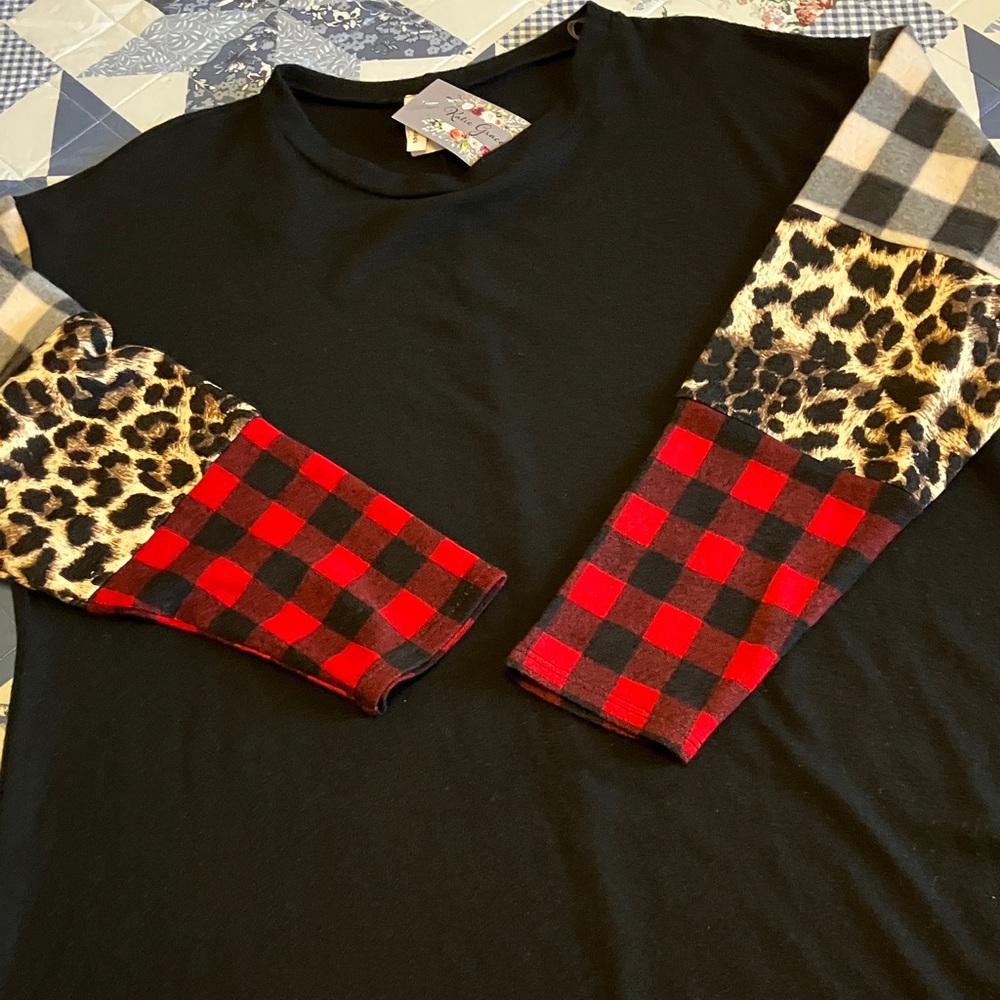 Women's Black Top with Red Plaid and Leopard Sleeves